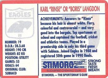 1991 Scanlens Stimorol #27 Karl Langdon Back